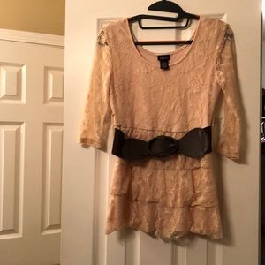 Pink lace tunic with brown belt